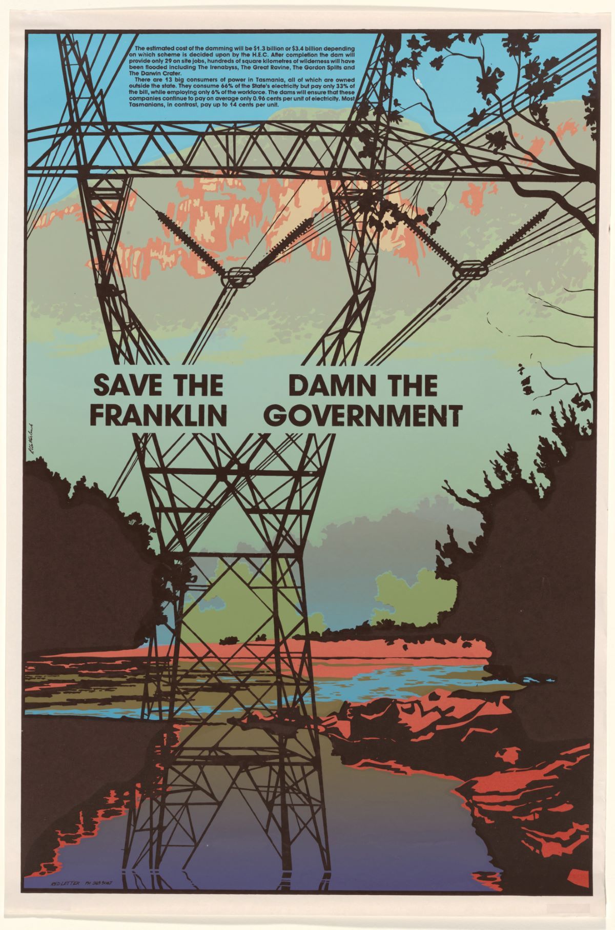 A graphic print poster of a large powerline in some water, the wording across the front says 