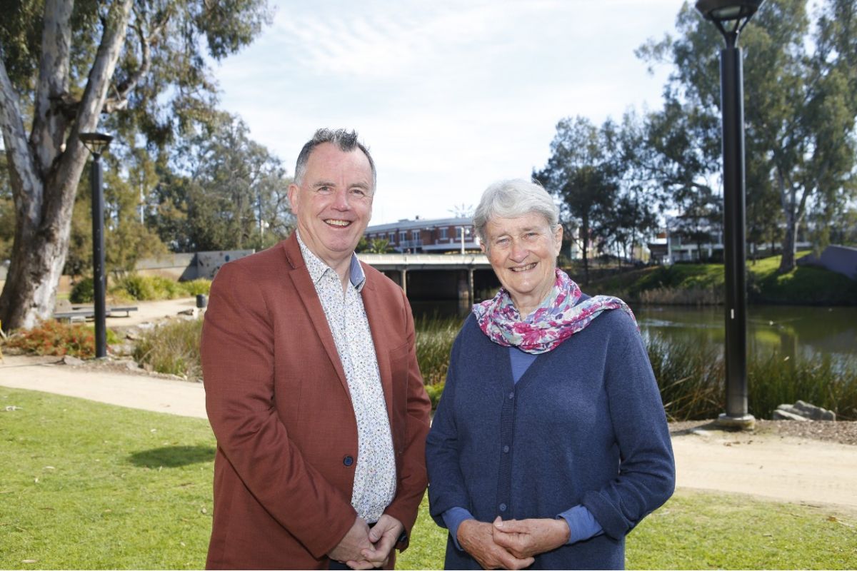 Mayor Cr Dallas Tout and Carmel Wallis from ErinEarth standing near the Wollundry Lagoon
